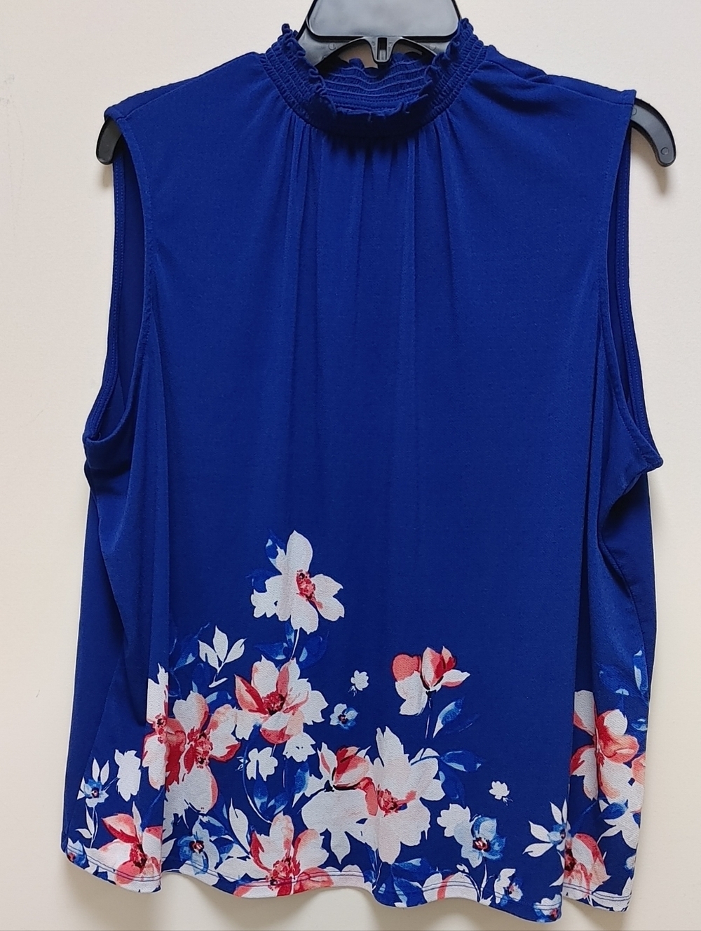 Sleeveless Blouse Royal Blue Floral Mock Neck Camisole by ELLE Size XL Like New